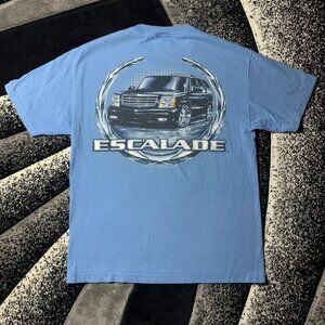 Vintage Y2K 2000s Cadillac Escalade Chrome Logo SUV Light Blue Tshirt